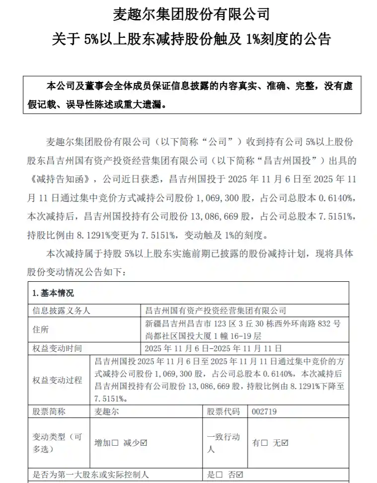 麦趣尔国资股东减持至7.52%，连续三年亏损后前三季度再陷亏损泥潭